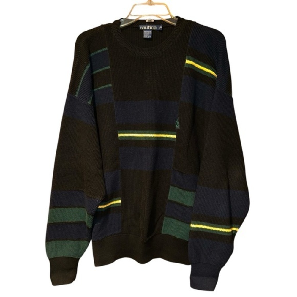 Nautica Vintage 90s Mens Colorblock Geometric Sweater Cotton Black Size Large